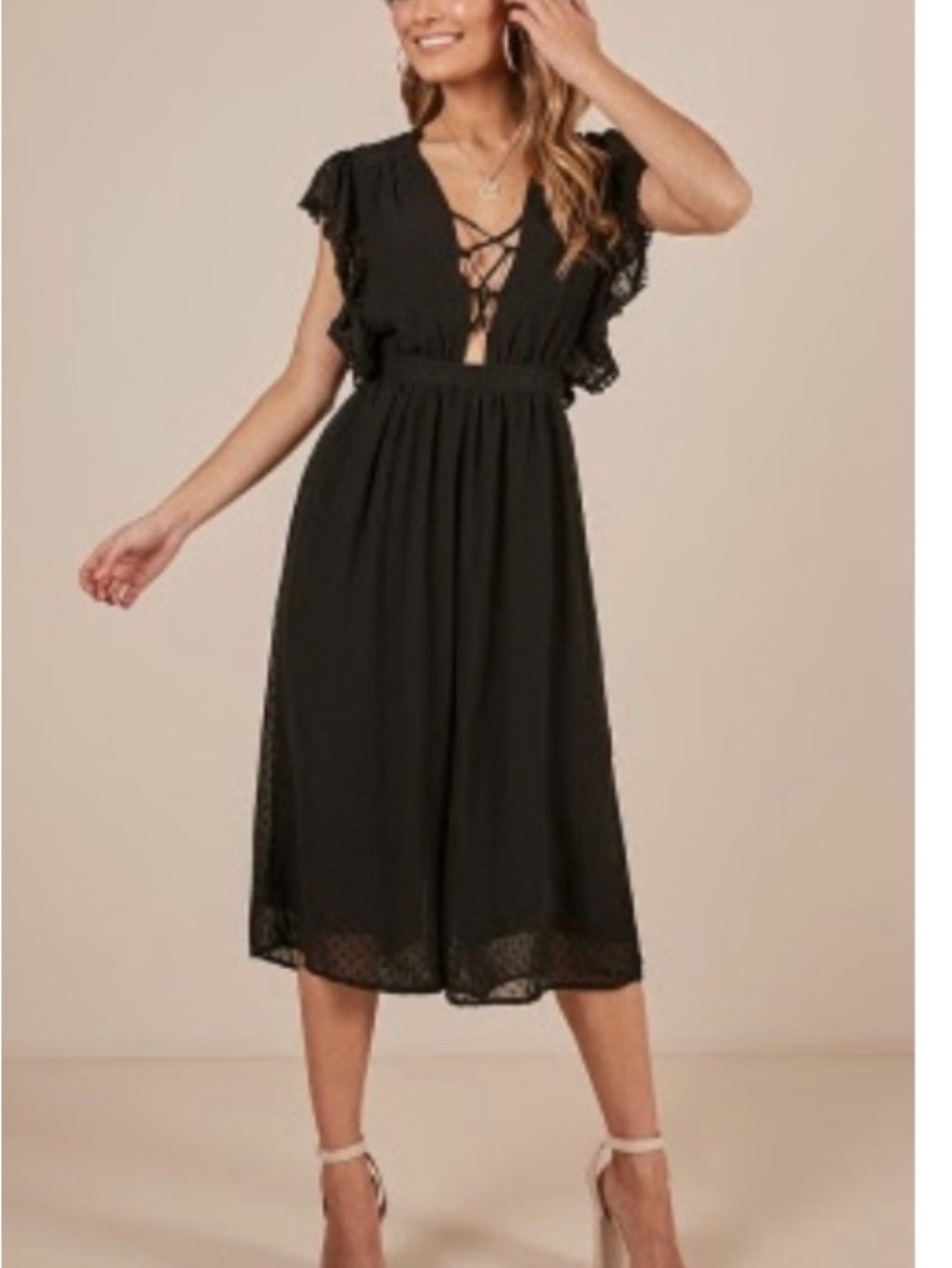 Showpo. Black Lace-Trim Ruffle Sleeve Midi Jumpsuit